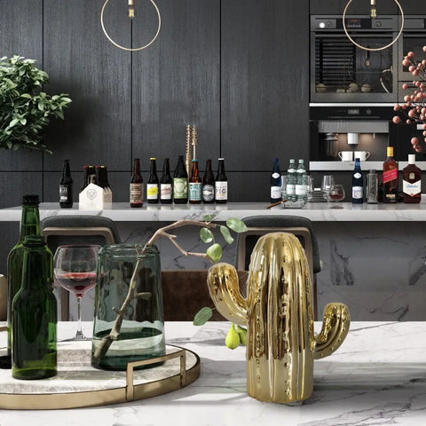 Cactus in ceramica bianca e oro per decorazione d'interni 19 cm