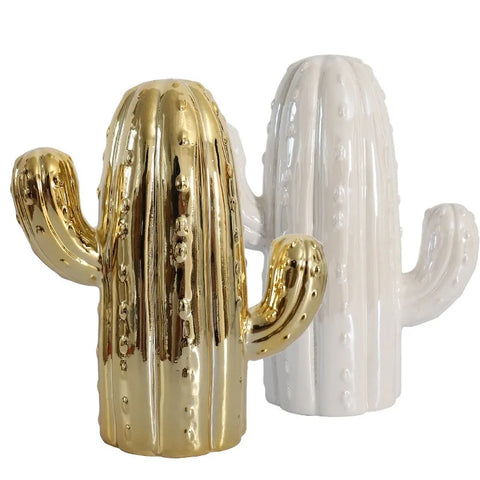 Cactus in ceramica bianca e oro per decorazione d'interni 19 cm