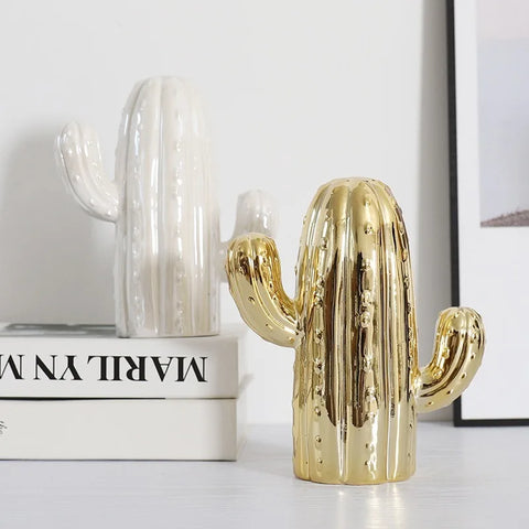Cactus in ceramica bianca e oro per decorazione d'interni 19 cm