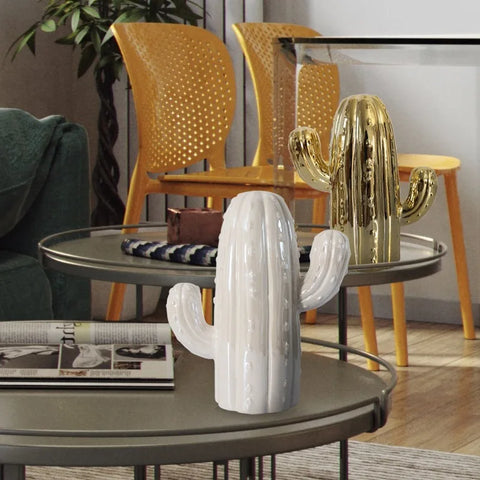 Cactus in ceramica bianca e oro per decorazione d'interni 19 cm