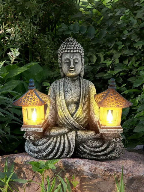 Statua di Buddha seduto con luce da esterno 21 cm