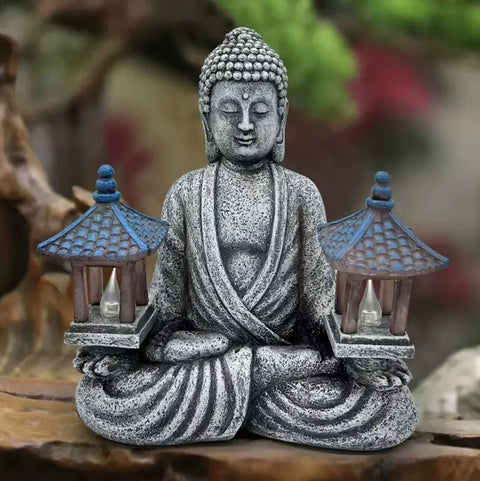 Statua di Buddha seduto con luce da esterno 21 cm