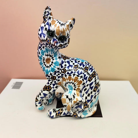 Statua gatto seduto in resina mosaicata 17 cm