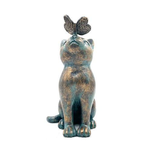 Statua di gatto da esterno con farfalla 20 cm