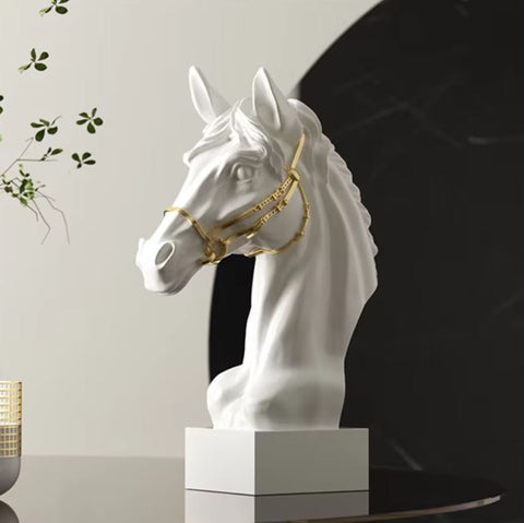 Statua busto testa di cavallo nero e oro 30 cm