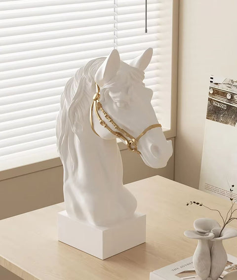 Statua busto testa di cavallo nero e oro 30 cm