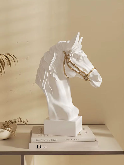 Statua busto testa di cavallo nero e oro 30 cm
