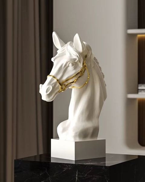 Statua busto testa di cavallo nero e oro 30 cm