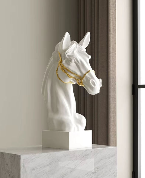 Statua busto testa di cavallo nero e oro 30 cm