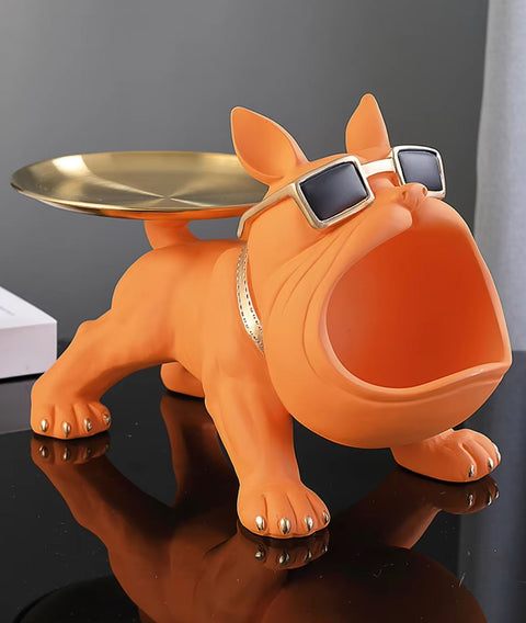 Statua cane bulldog arancione con vassoio 20 cm