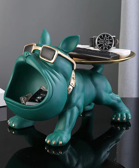 Statua cane bulldog verde con vassoio 20 cm