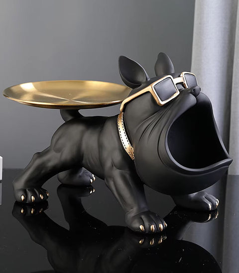 Statua cane bulldog nero con vassoio 20 cm