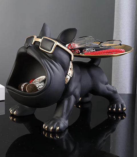 Statua cane bulldog nero con vassoio 20 cm