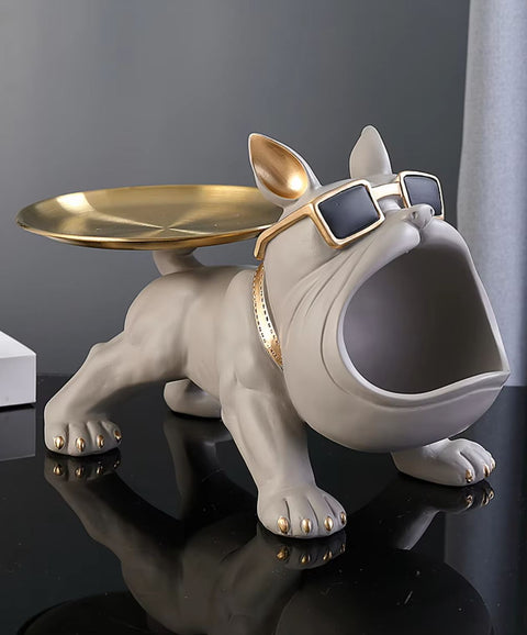 Statua cane bulldog grigio con vassoio 20 cm