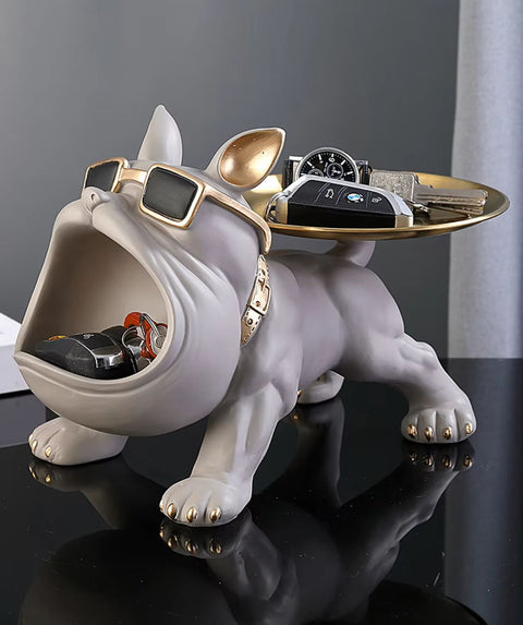 Statua cane bulldog grigio con vassoio 20 cm