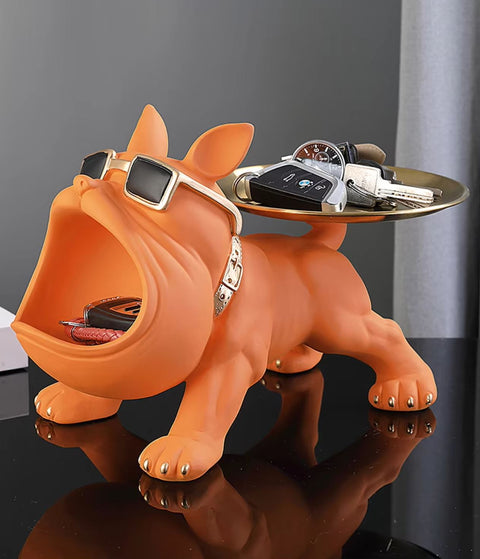 Statua cane bulldog arancione con vassoio 20 cm