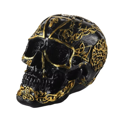 Statua di teschio messicano nero e oro 12 cm