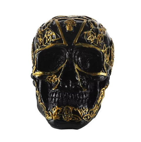 Statua di teschio messicano nero e oro 12 cm