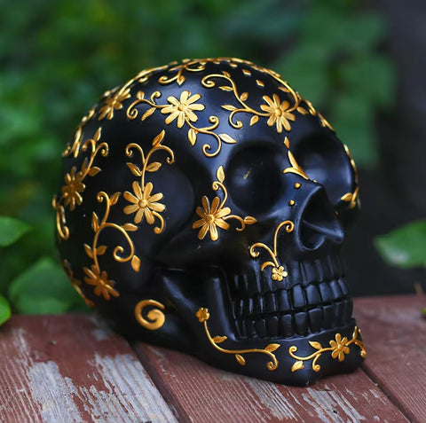 Teschio messicano nero e oro / teschio 14 cm