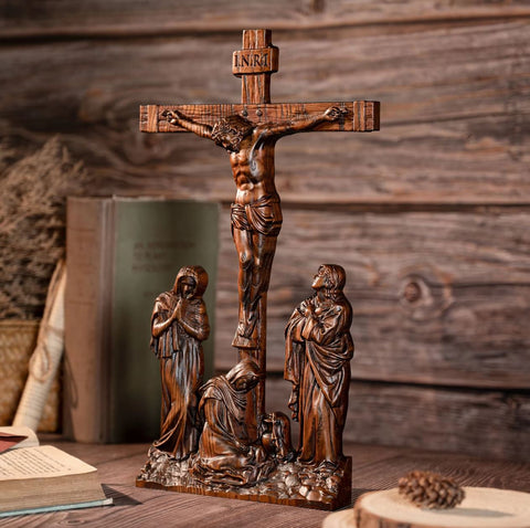 Scena della Crocifissione di Gesù Cristo Statua in legno 25 cm