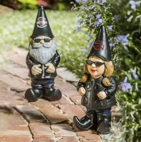 Statua gnomo da giardino donna motociclista 15 cm
