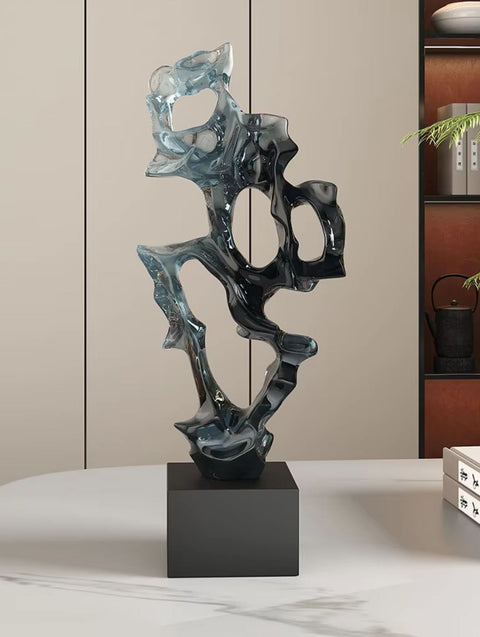 Scultura astratta in resina blu trasparente 43 cm