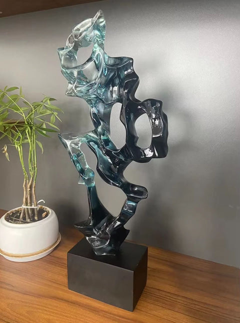 Scultura astratta in resina blu trasparente 43 cm