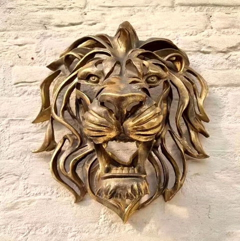 Statua da parete dorata con testa di leone 30 cm