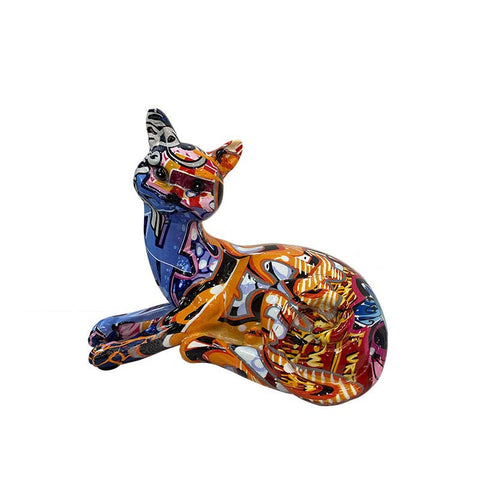 Statua gatto sdraiato in resina graffiti 14 cm