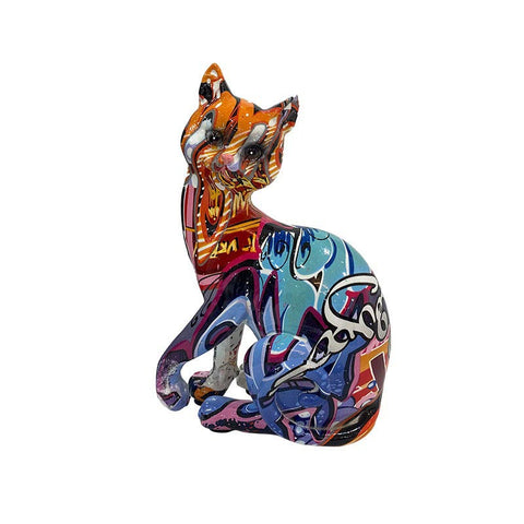 Statua gatto seduto in resina graffiti 16 cm