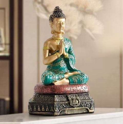 Statua del Buddha Amitabha verde / oro 23 cm